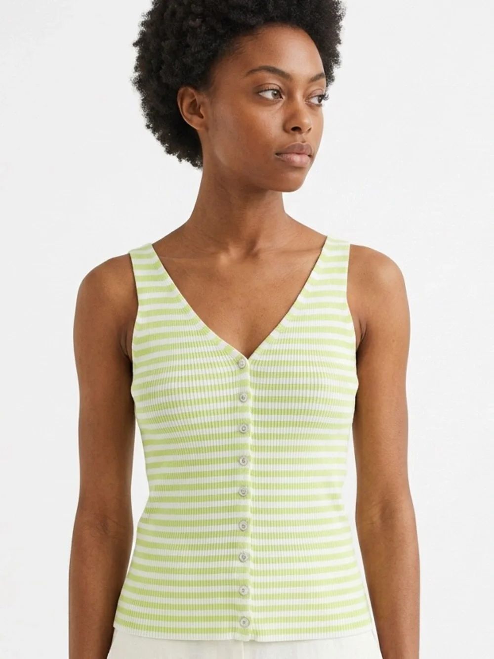 FRNCH | NEW Naye Striped Lime White V-Neck Tank Top with Buttons Women’s Size M